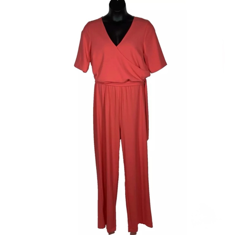 Boston Proper XL Jumpsuit Beyond Travel Tie Front 
Pink Coral Nylon stretch